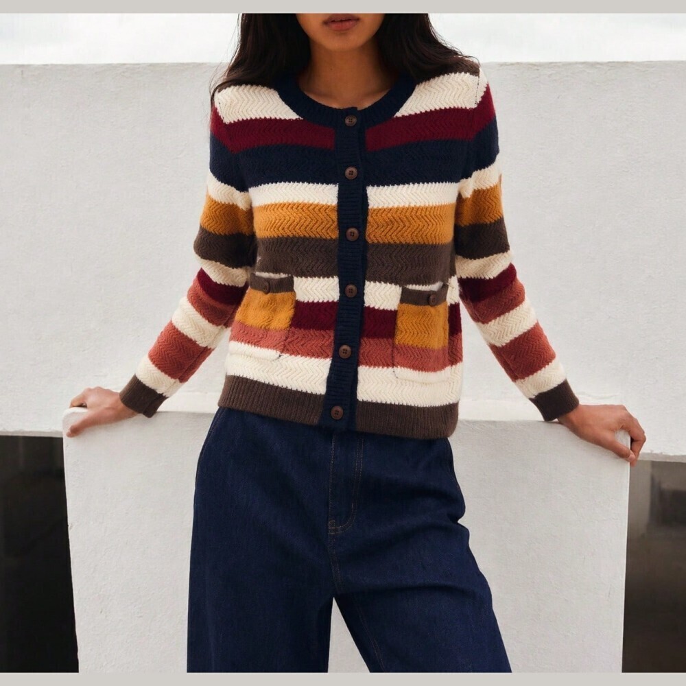 Cream Multicolor Striped Knit Button Front Cardigan with Pockets